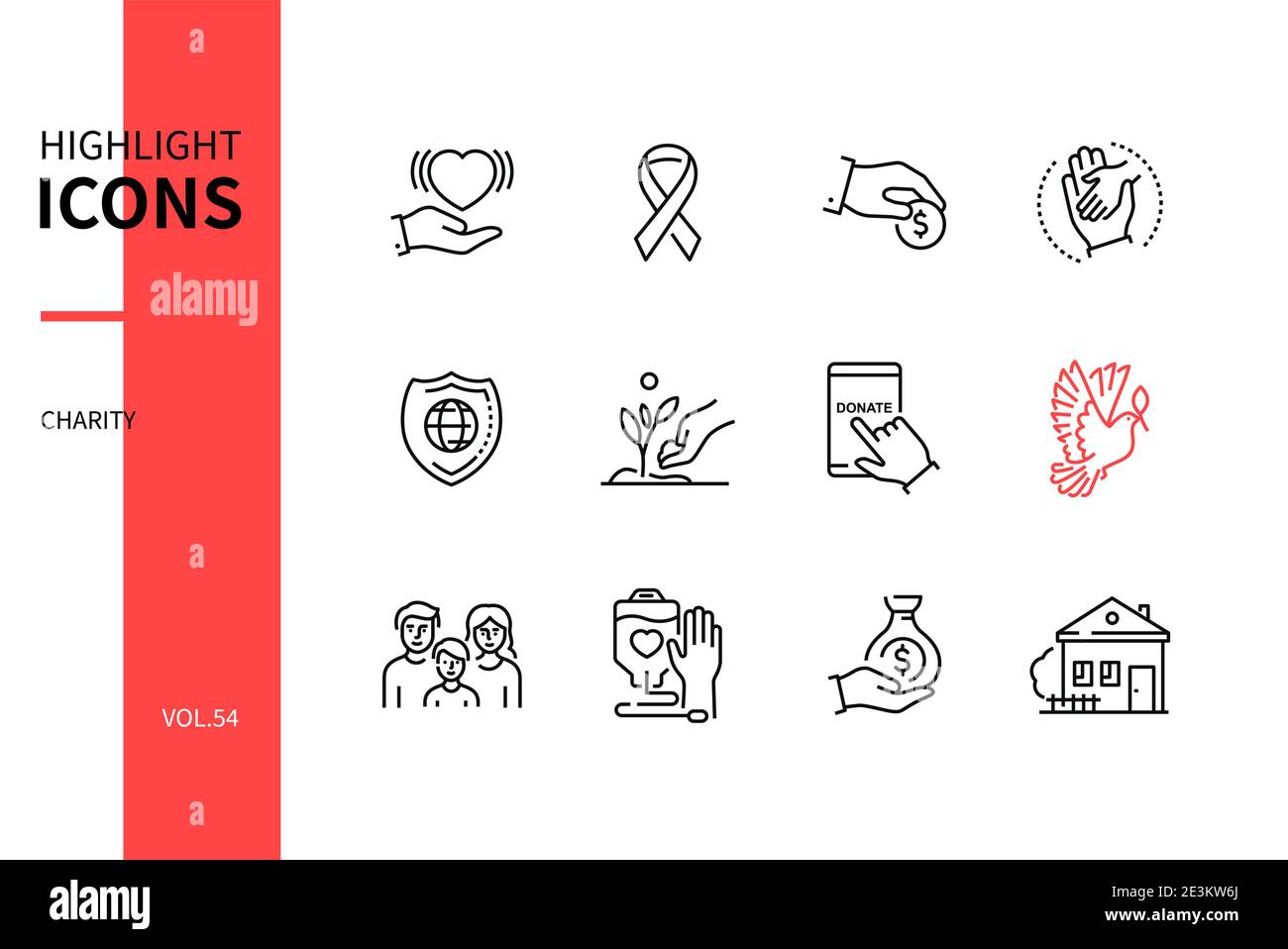 Charity Concept - Linie Design Stil Symbole gesetzt. Spenden, Fundraising und Freiwilligenarbeit Themen. Bewusstsein Band, helfen Kinder, sicheren Planeten, Pflanzen ein tr Stock Vektor