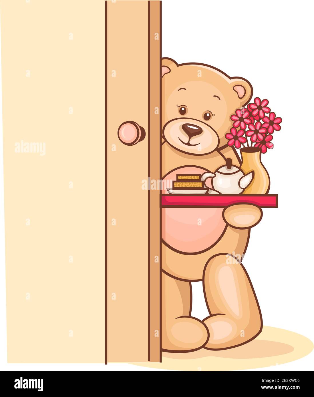 Handgezeichnete Illustration mit Teddy, der ein Frühstückstablett mit Blumen hält. Stock Vektor