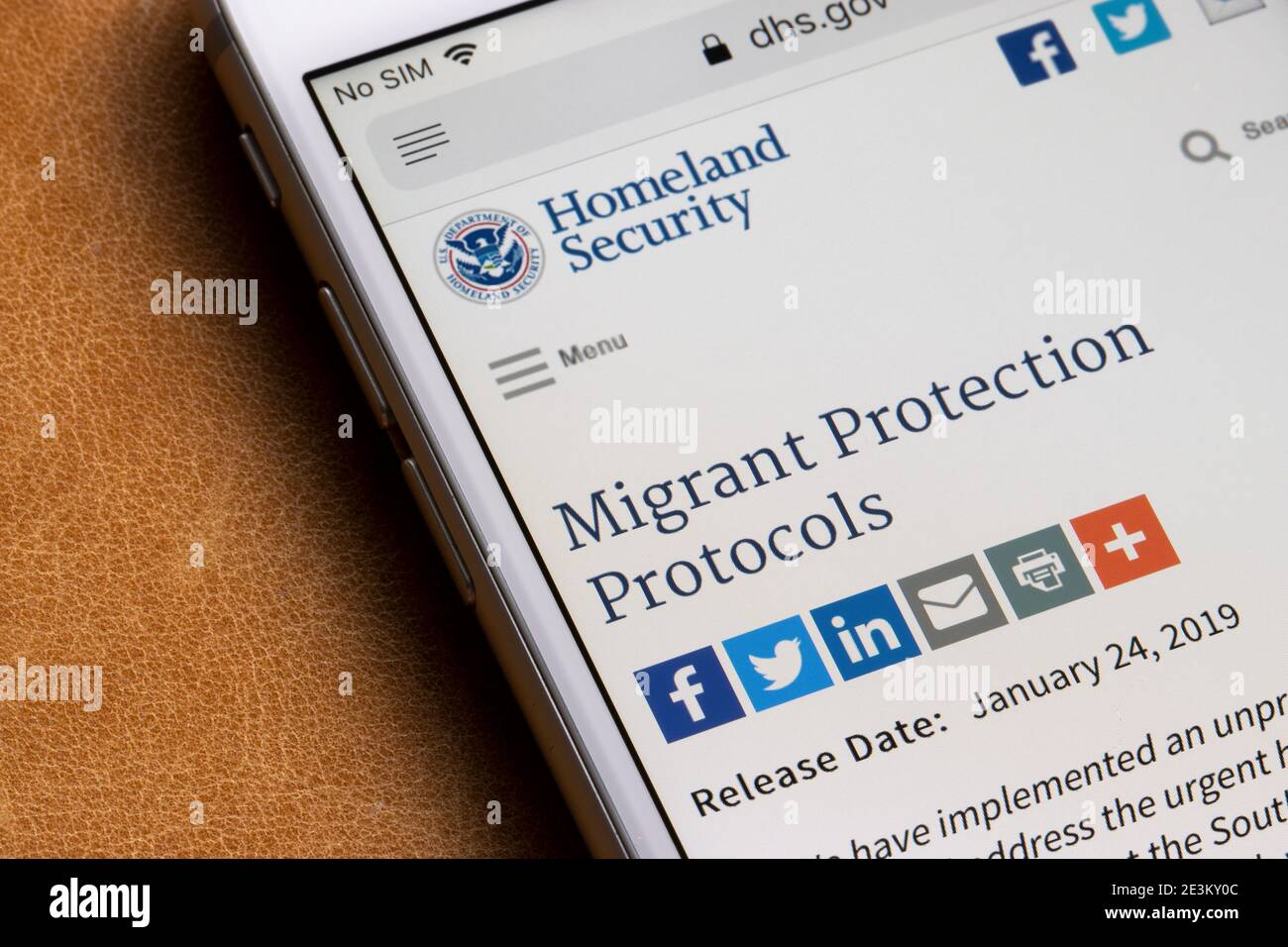 Die Seite „Protokolle zum Schutz von Migranten“ auf der Website des Heimatschutzministeriums. MPP ist ein Teil des Ansatzes zur Steuerung der illegalen Einwanderung. Stockfoto