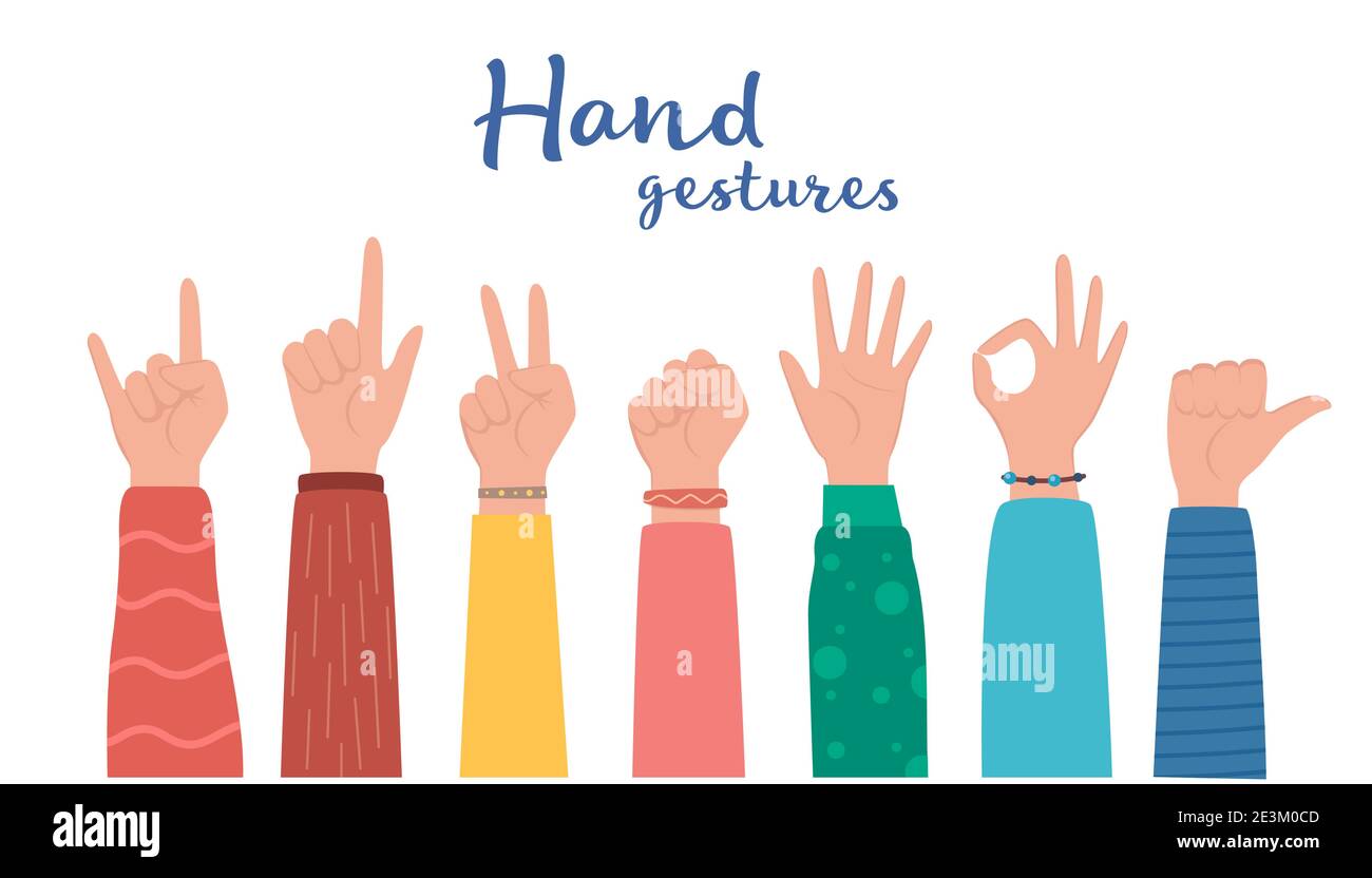 Handgesteneinstellung. Menschliche Hände zeigen Daumen nach oben, zeigen und begrüßen, OK. Verschiedene Handsymbole. Interaktives Kommunikationsset. Vektorgrafik Stock Vektor