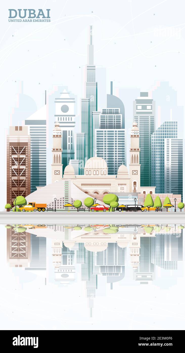 Dubai Vereinigte Arabische Emirate (VAE) City Skyline mit farbigen Gebäuden, Blue Sky und Reflections. Vektorgrafik. Tourismuskonzept Stock Vektor