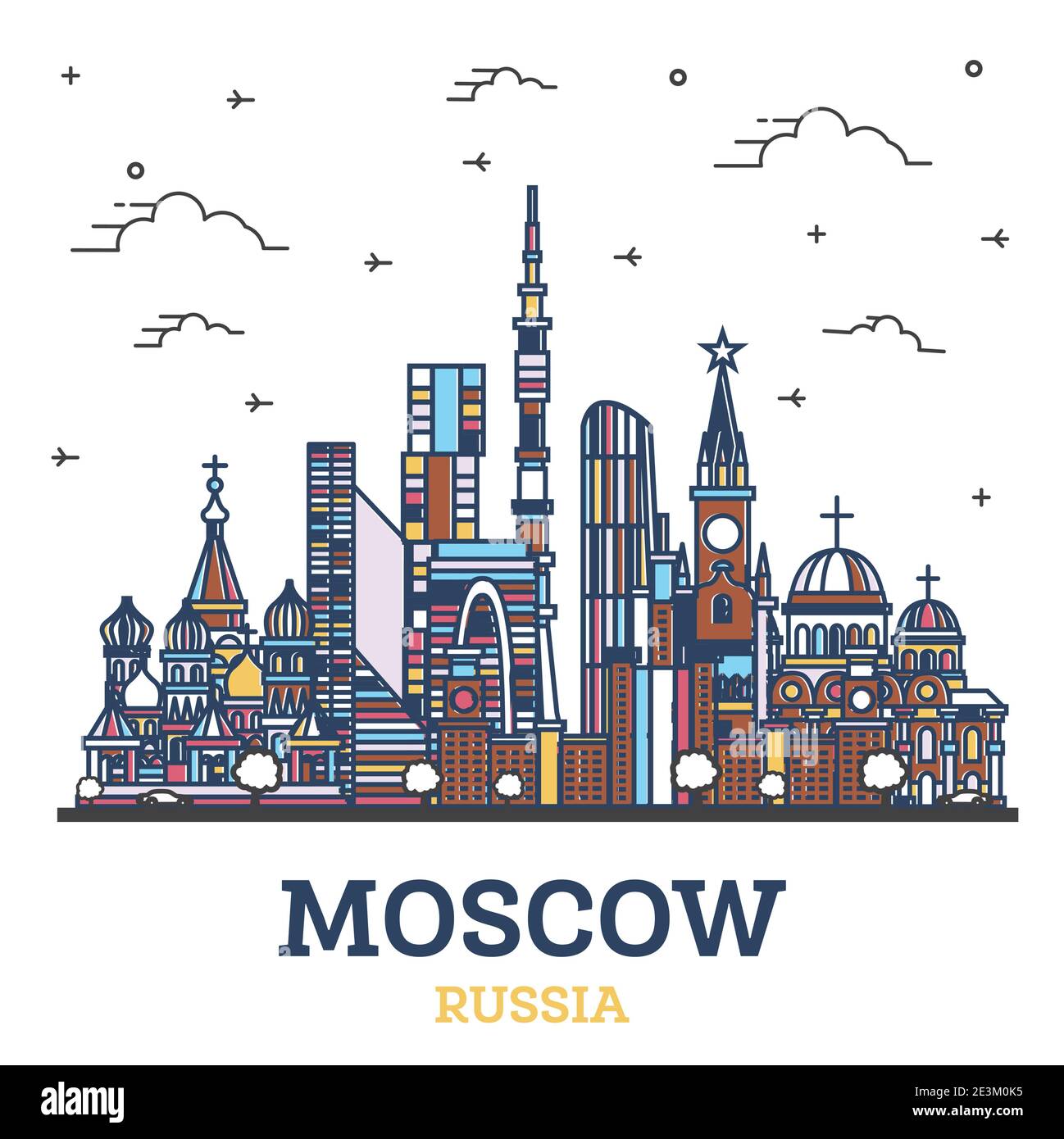 Skizzieren Sie Moskau Russland City Skyline mit farbigen historischen Gebäuden isoliert auf Weiß. Vektorgrafik. Moskauer Stadtbild mit Wahrzeichen. Stock Vektor