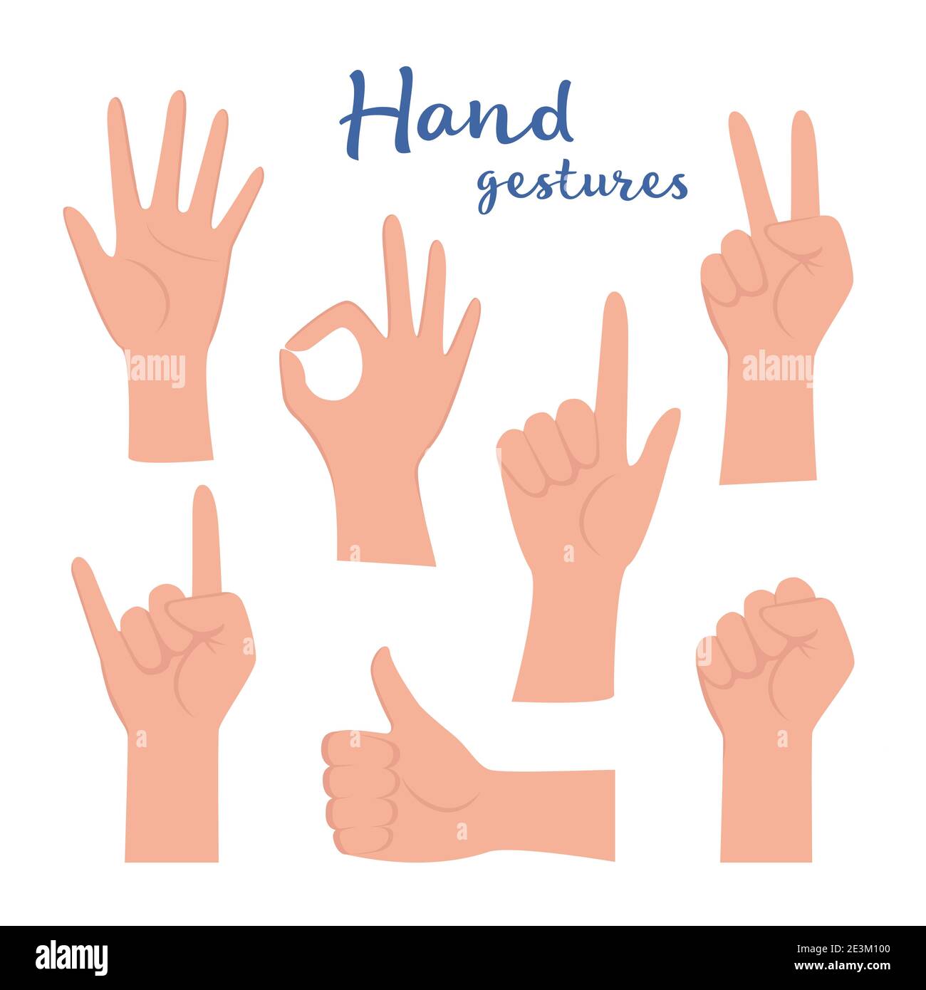 Handgesteneinstellung. Menschliche Hände zeigen Daumen nach oben, zeigen und begrüßen, OK. Verschiedene Handsymbole. Interaktives Kommunikationsset. Vektorgrafik Stock Vektor