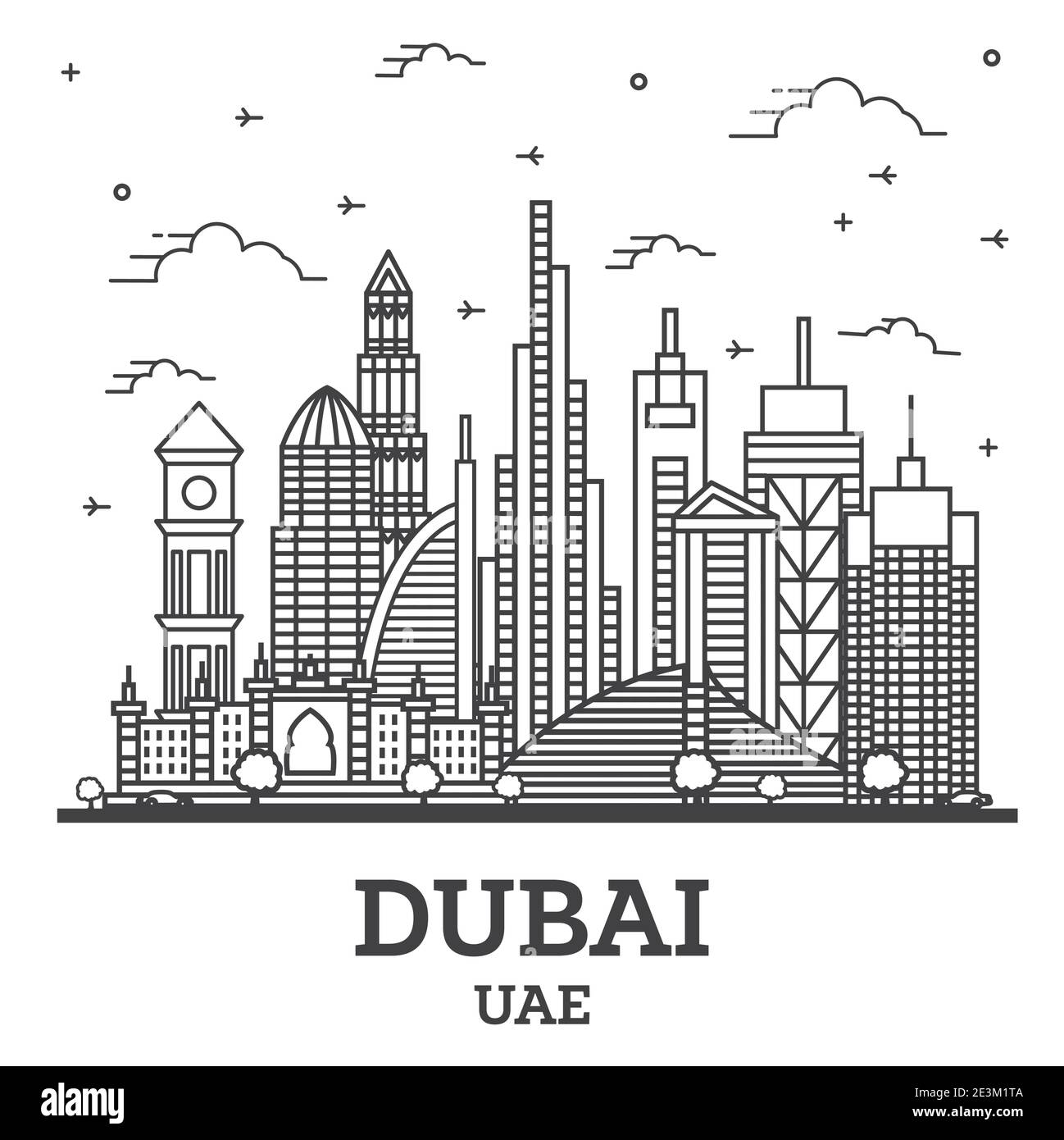 Übersicht Dubai Vereinigte Arabische Emirate (VAE) City Skyline mit modernen Gebäuden isoliert auf White. Vektorgrafik. Dubai Stadtbild mit Wahrzeichen. Stock Vektor