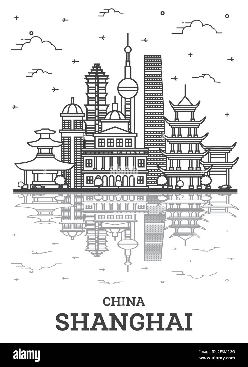 Skizzieren Sie Shanghai China City Skyline mit historischen Gebäuden und Reflektionen isoliert auf Weiß. Vektorgrafik. Shanghai Stadtbild mit Wahrzeichen. Stock Vektor