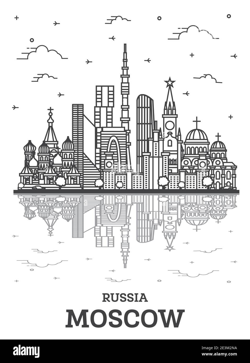 Umrisse Moskau Russland Skyline der Stadt mit historischen Gebäuden und Reflexionen isoliert auf Weiss. Vector Illustration. Moskauer Stadtbild mit Sehenswürdigkeiten. Stock Vektor