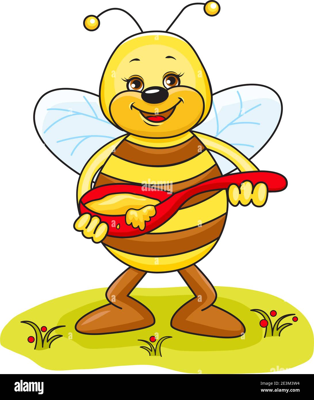 Illustration von Friendly Cute Bee Essen Honig. Stock Vektor