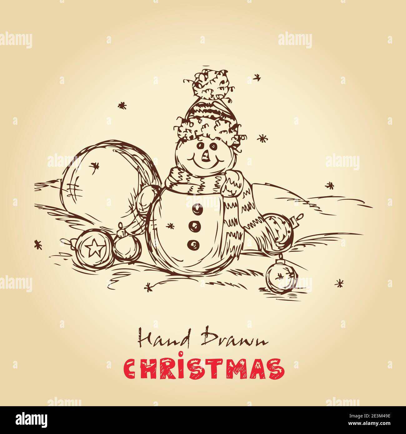Weihnachten handgezeichnete Vektor-Illustration mit Schneemann und Weihnachtskugeln, für Weihnachten Design. Stock Vektor