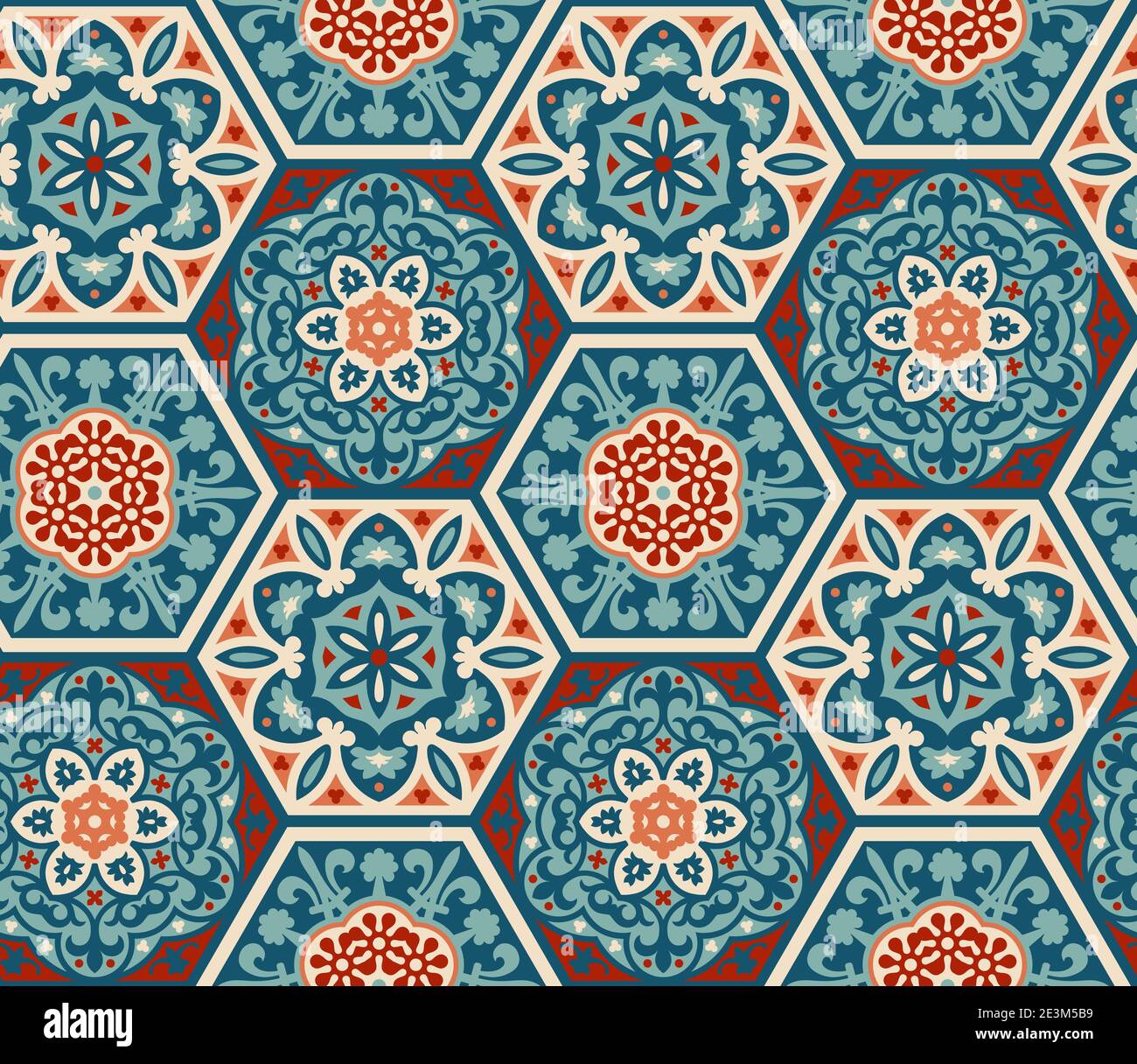 Dekoriert gemusterten Hexagon Zement Keramik Fliesen, nahtlose Vektor-Muster, Patchwork-Stil. Portugiesische Azulejo, talavera, marokkanische Fliesen Stock Vektor