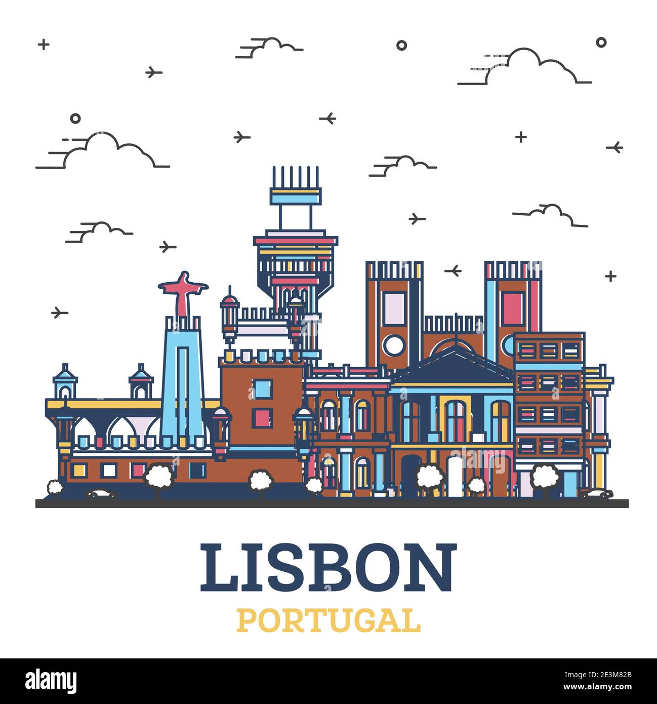 Skizzieren Sie Lissabon Portugal City Skyline mit farbigen historischen Gebäuden isoliert auf Weiß. Vektorgrafik. Lissabon Stadtbild mit Wahrzeichen. Stock Vektor