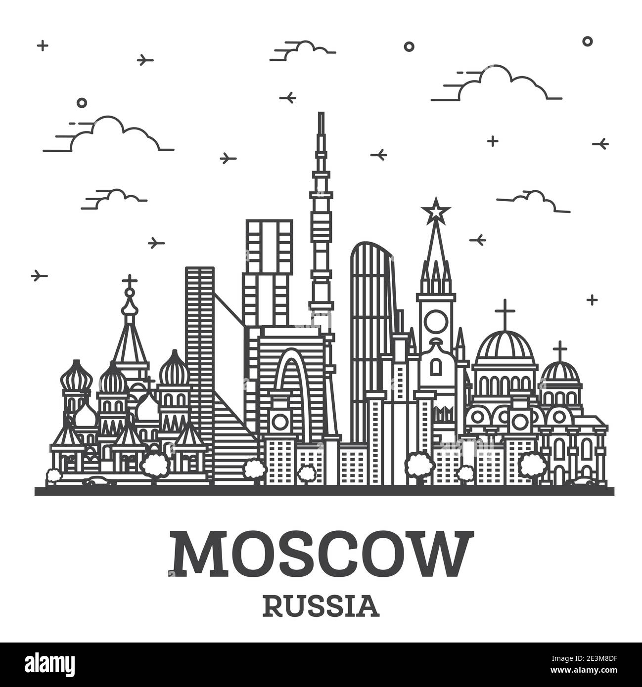 Umrisse Moskau Russland Skyline der Stadt mit modernen und historischen Gebäuden isoliert auf Weiss. Vector Illustration. Moskauer Stadtbild mit Sehenswürdigkeiten. Stock Vektor