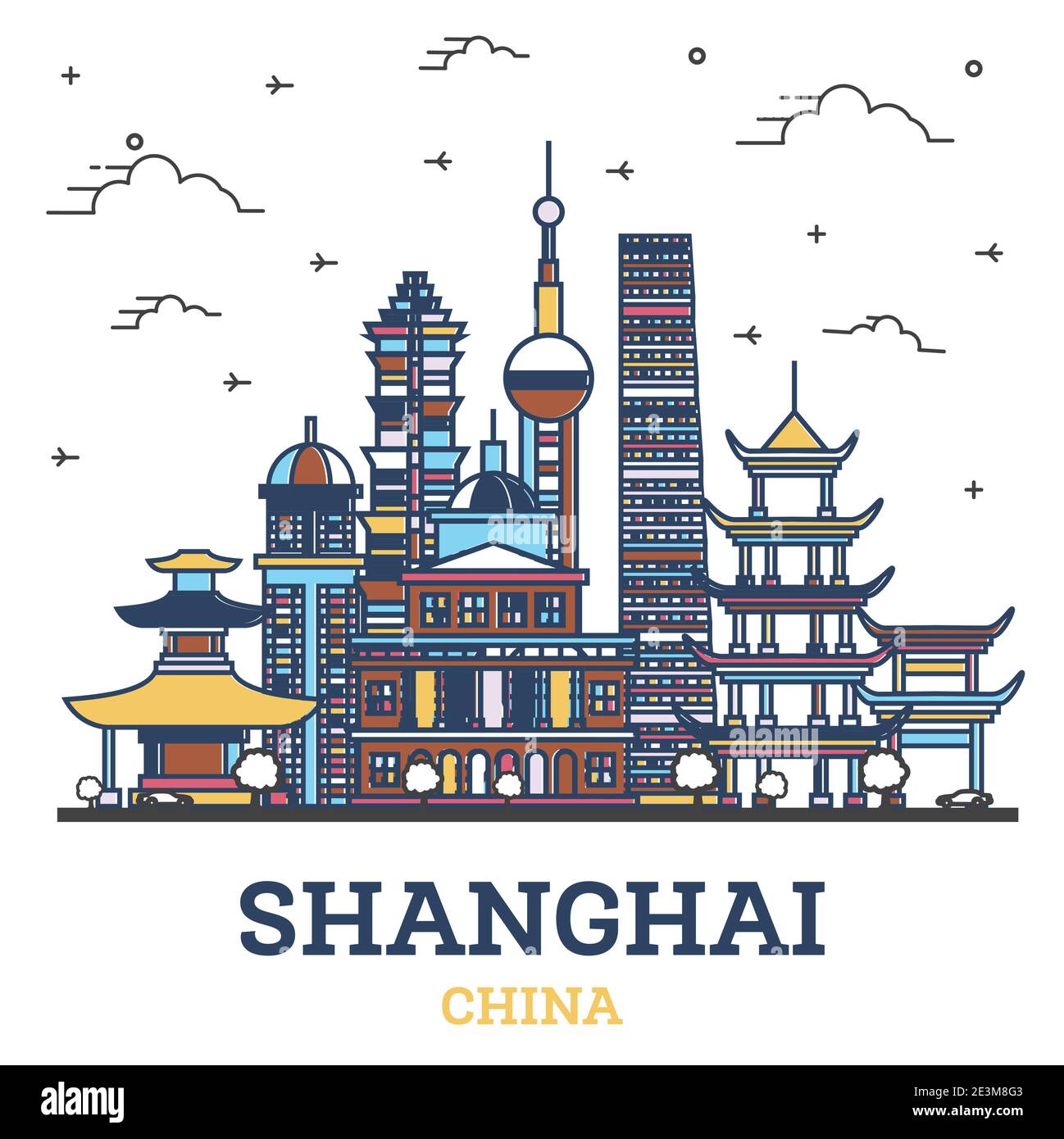 Skizzieren Sie die Skyline von Shanghai China City mit farbigen historischen Gebäuden, isoliert auf Weiß. Vektorgrafik. Shanghai Stadtbild mit Wahrzeichen. Stock Vektor