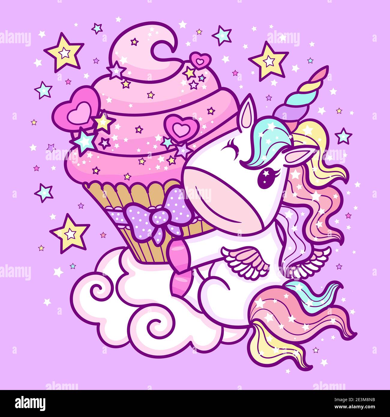 Niedliche Cartoon Einhorn mit einem Cupcake auf einer Wolke. Fantasy-Tier. Illustration für Kinder. Vektor. Stock Vektor