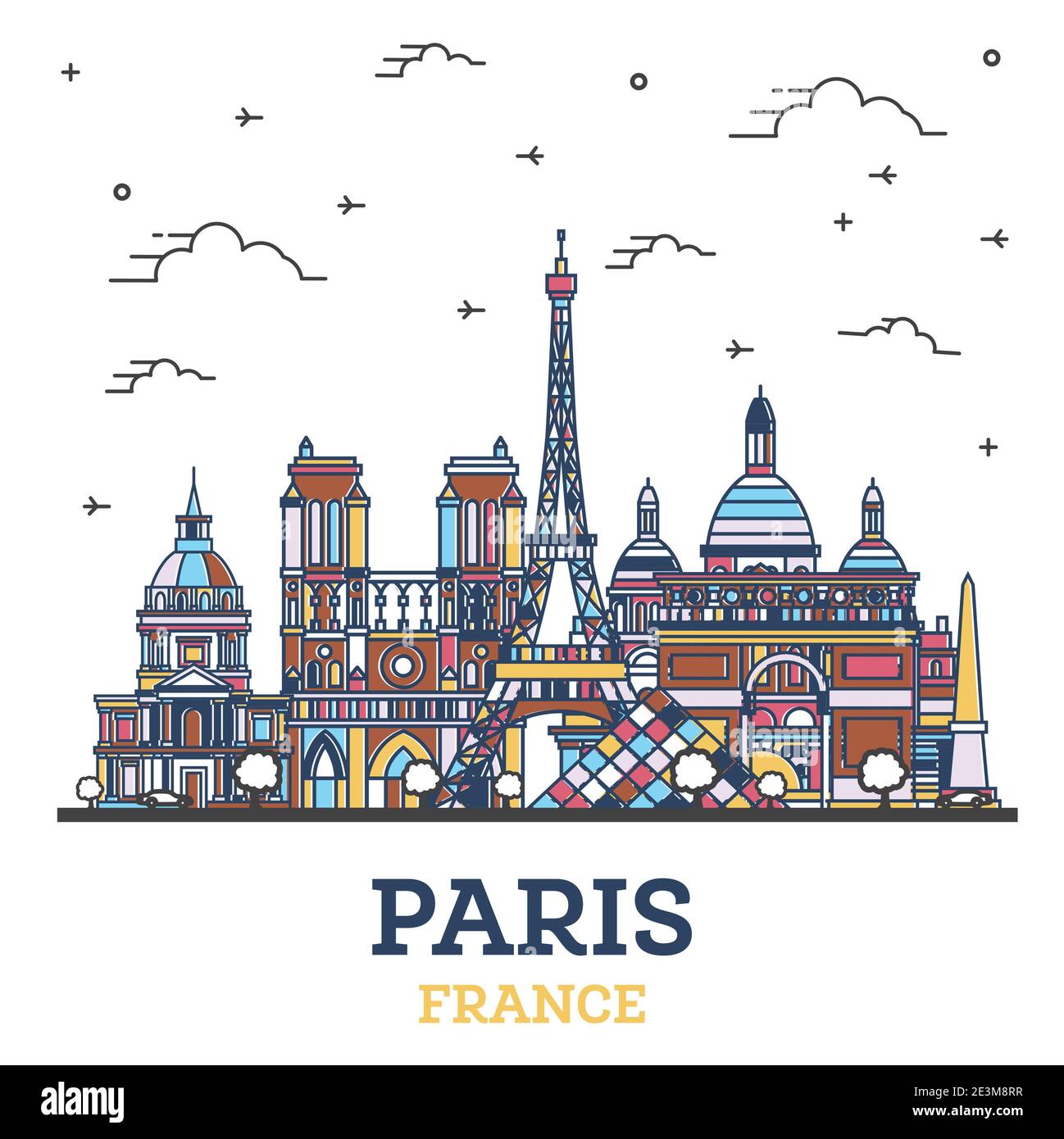 Skizzieren Sie Paris France City Skyline mit farbigen historischen Gebäuden isoliert auf Weiß. Vektorgrafik. Pariser Stadtbild mit Wahrzeichen. Stock Vektor