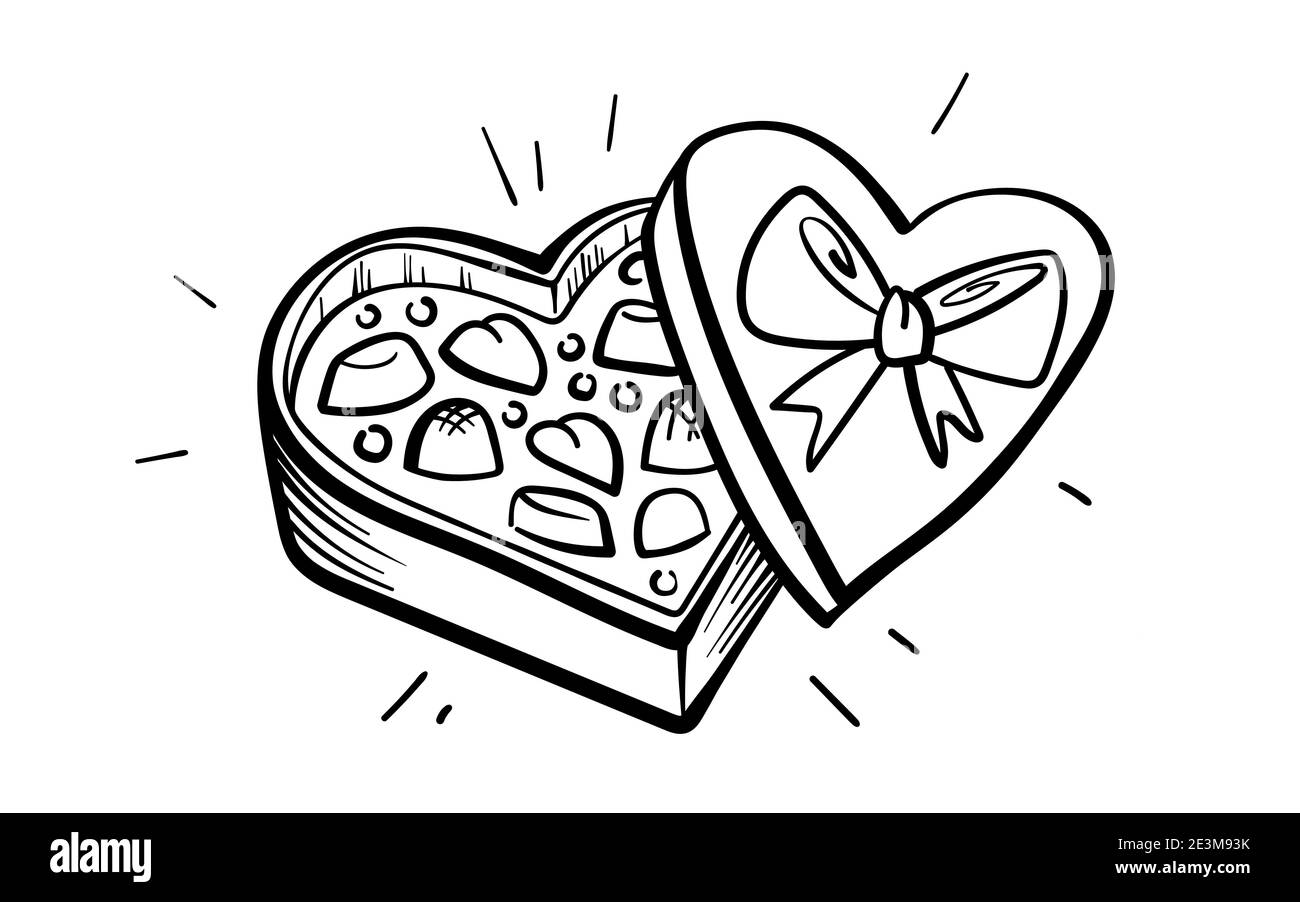 Handgezeichnete Skizze von Schokolade Süßigkeiten Box auf weißem Hintergrund. Valentinstag. Süßigkeiten-Box für Valentinstag Stock Vektor