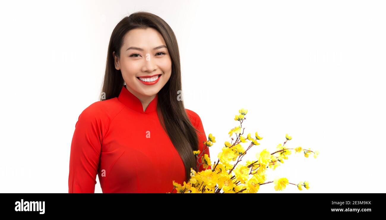 Vietnamesisches Mondneujahr. Frauen tragen Vietnam Tradition AO dai mit Hoa Mai Baum (Ochna Integerrima) blühenden Tet Urlaub. Vietnam Lunar Neujahr in Stockfoto