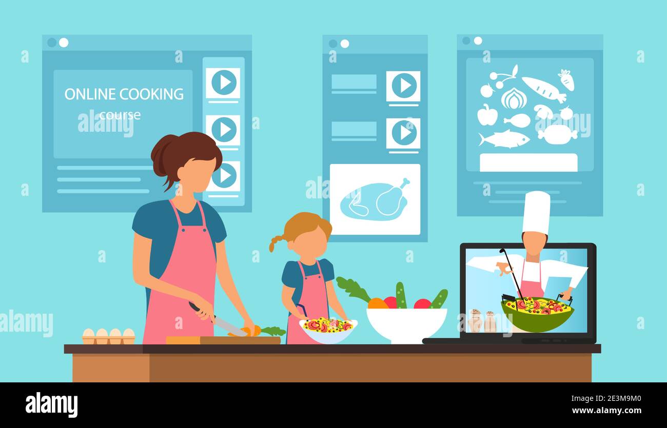 Vektor einer Mutter und einer Tochter lernen Rezepte online, Kochen zu Hause, während ein Video von einem Koch erklärt, wie man gesunde Lebensmittel zubereiten Stock Vektor
