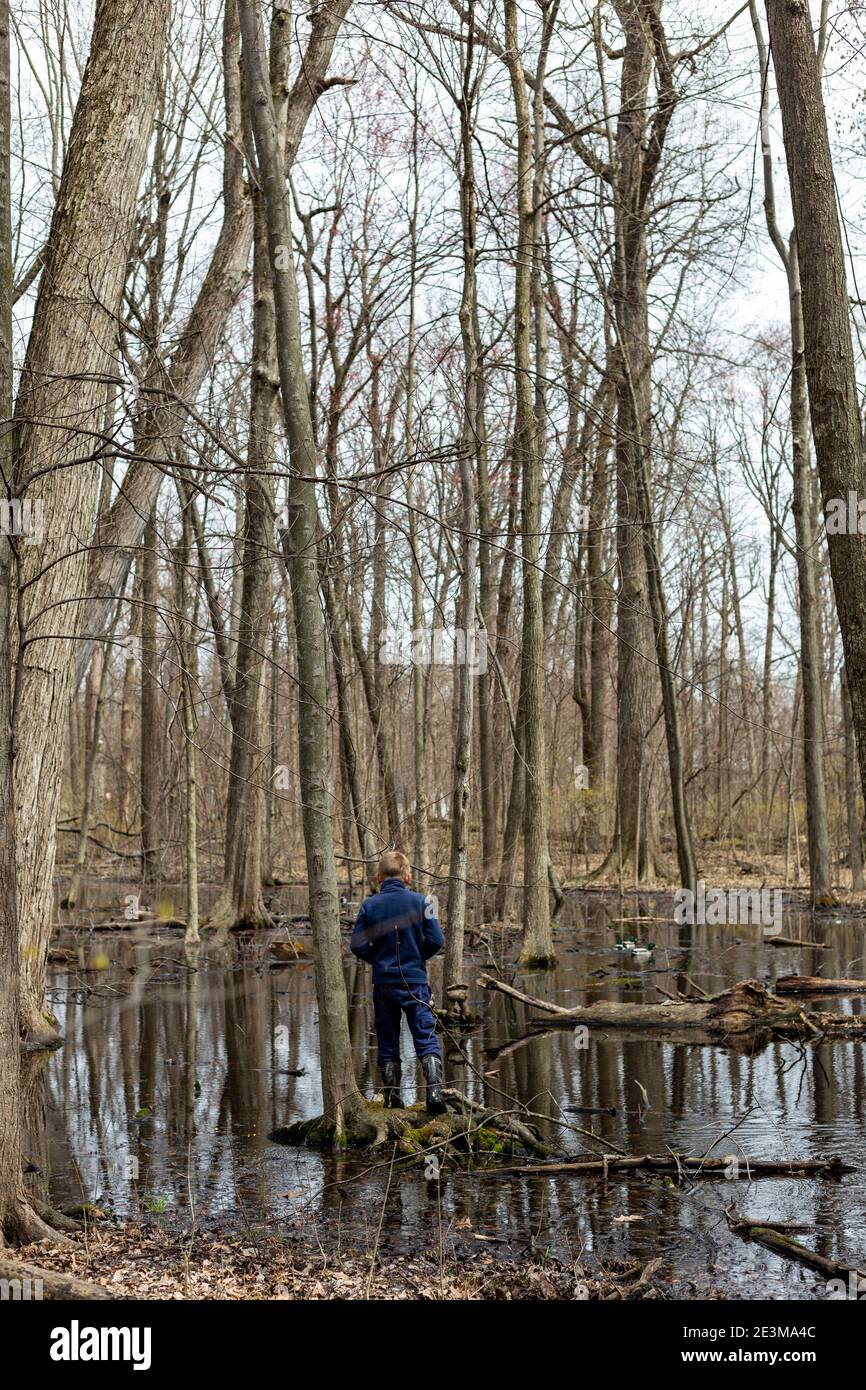 Ein kleiner Junge erkundet den sumpfigen Mengerson Park in Fort Wayne, Indiana, USA. Stockfoto