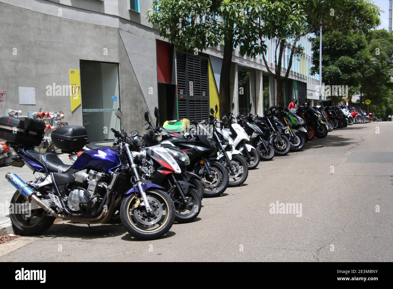 Eine lange Reihe geparkter Motorräder auf dem kostenlosen Motorrad-Parkplatz vor der University of Technology Sydney (UTS) in der Thomas Street, Ultimo, Sydney, NSW Stockfoto