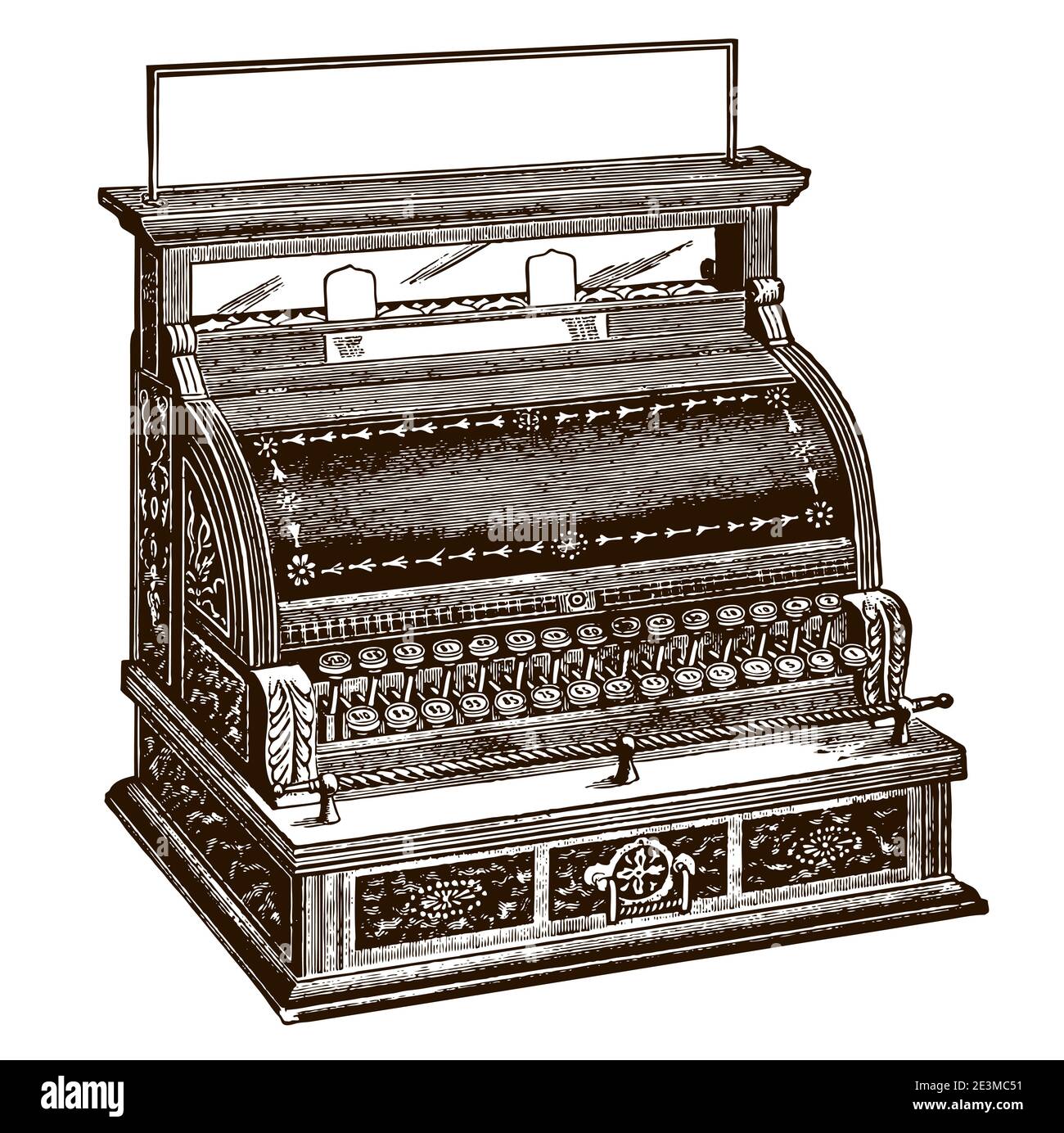 Antike mechanische Kasse, in Dreiviertelansicht. Illustration nach einem Stich aus dem frühen 20. Jahrhundert Stock Vektor