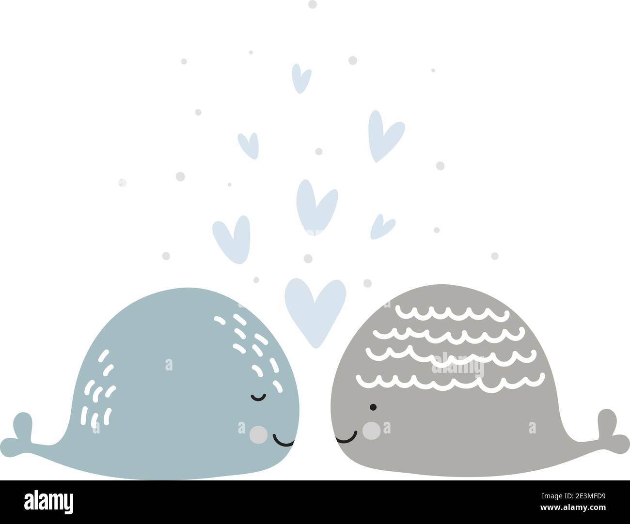 Romantische Grußkarte mit zwei Walen in der Liebe. Karte über Freundschaft mit Herzen. Valentinskarte, Poster oder Druckvorlage. Vector skandinavisch Stock Vektor