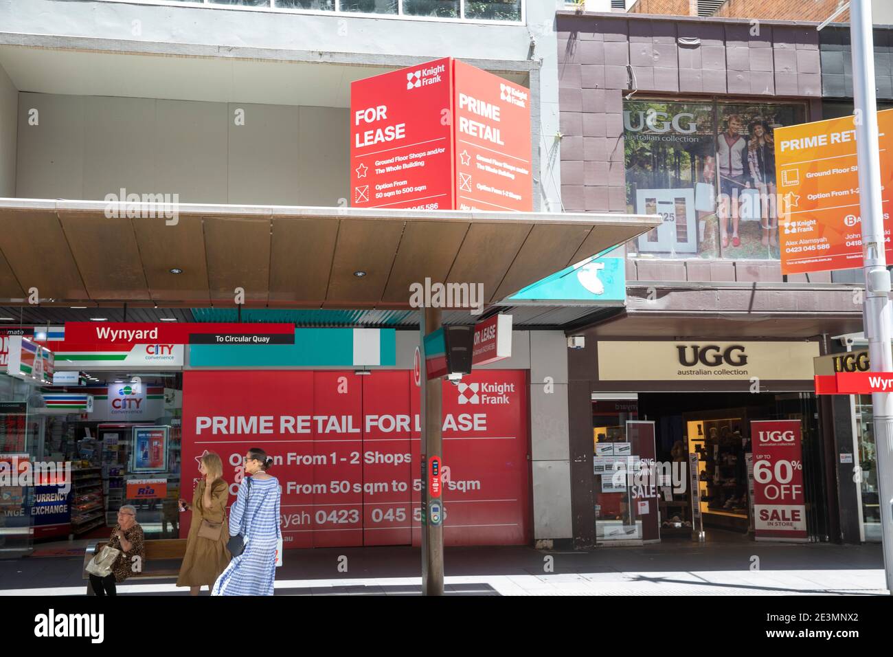 Leerstehende Einzelhandelseinheiten für die Vermietung im Stadtzentrum von Sydney entlang George Street im Herzen des Geschäftsviertels, Sydney, NSW, Australien Stockfoto