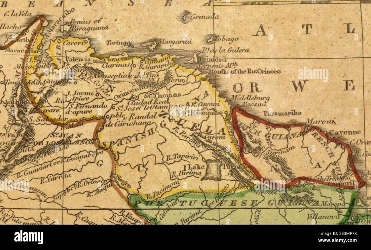 Mapa de Venezuela, la Guayana Británica, la Guayana Holandesa y la Guayana Francesa cerca de 1821. Stockfoto