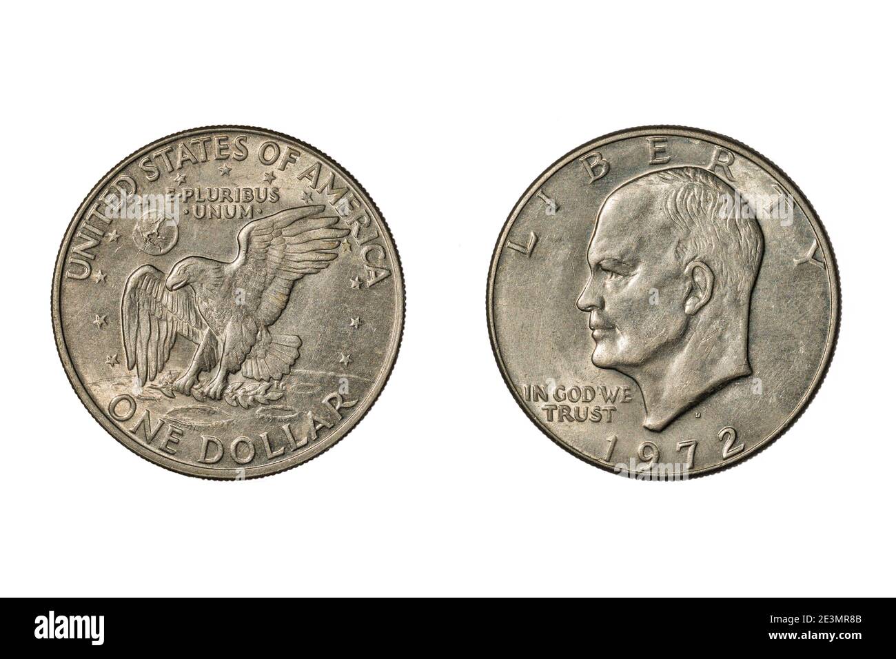 Ein amerikanischer Eisenhower Dollar von 1972. Die Rückseite zeigt einen Adler auf dem Mond, der einen Olivenzweig umklammert. Isoliert auf Weiß Stockfoto