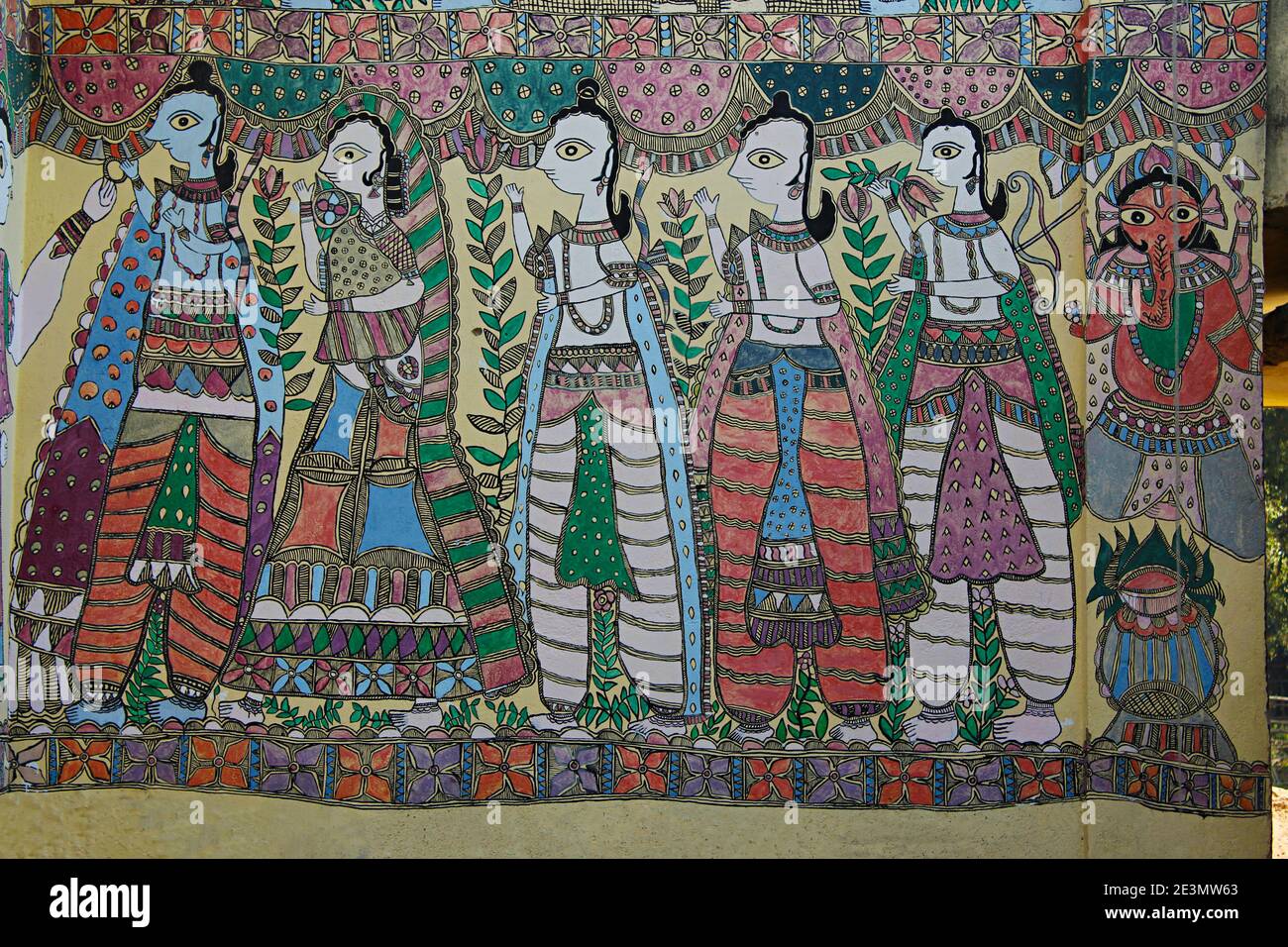 Madhubani Malerei an der Wand. Madhubani, Bihar, Indien Stockfoto