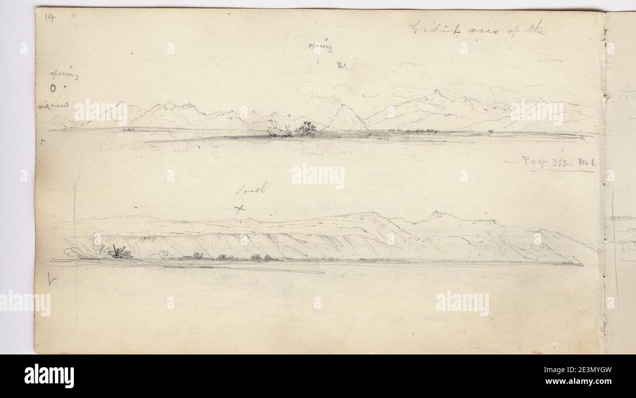 Martens, -die Cordilleras sehen etwas Abstand von der Mündung des Santa Cruz Flusses- (Bild 21, Seite 14v). Stockfoto