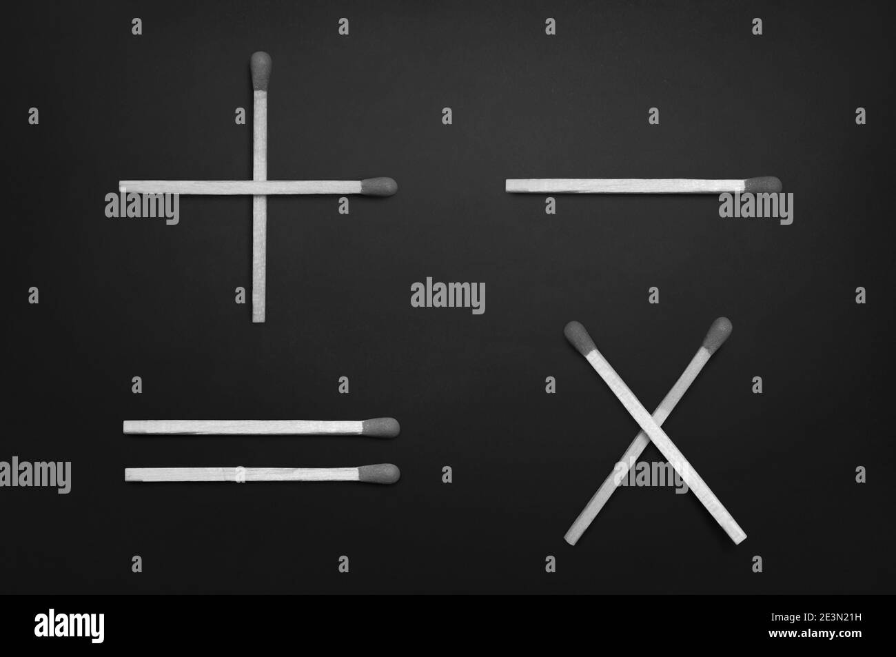 Grundlegende mathematische Symbole - Plus, Minus, Multiplikation & gleich - auf grüner Tafel Stockfoto