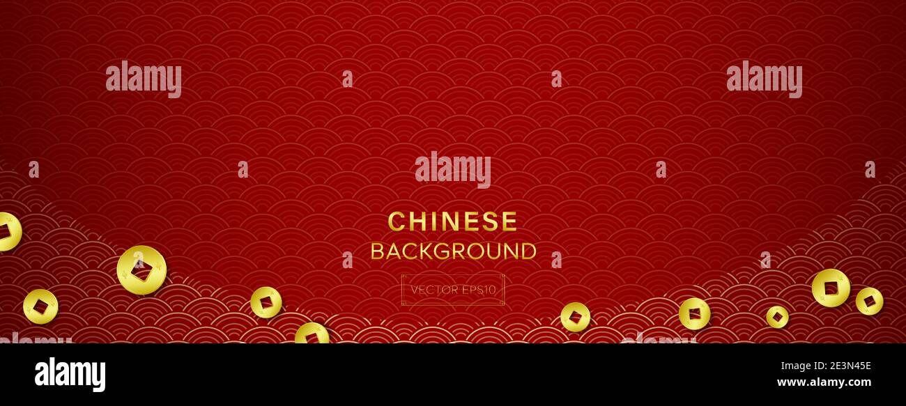 Orientalisches Wellenmuster auf rotem Bannerhintergrund mit Chinesisch Messingmünzensymbole am Rand Stock Vektor