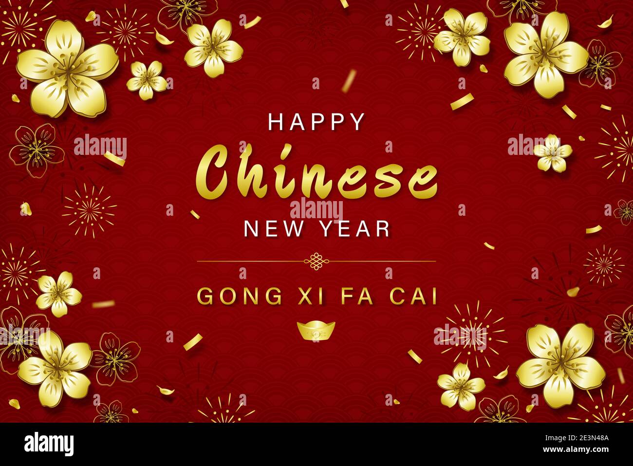 Frohes chinesisches Neujahr GONG XI FA CAI Text mit goldene Kirschblüten und Feuerwerk am Rand auf rot orientalisches Wellenmuster Hintergrund Stock Vektor