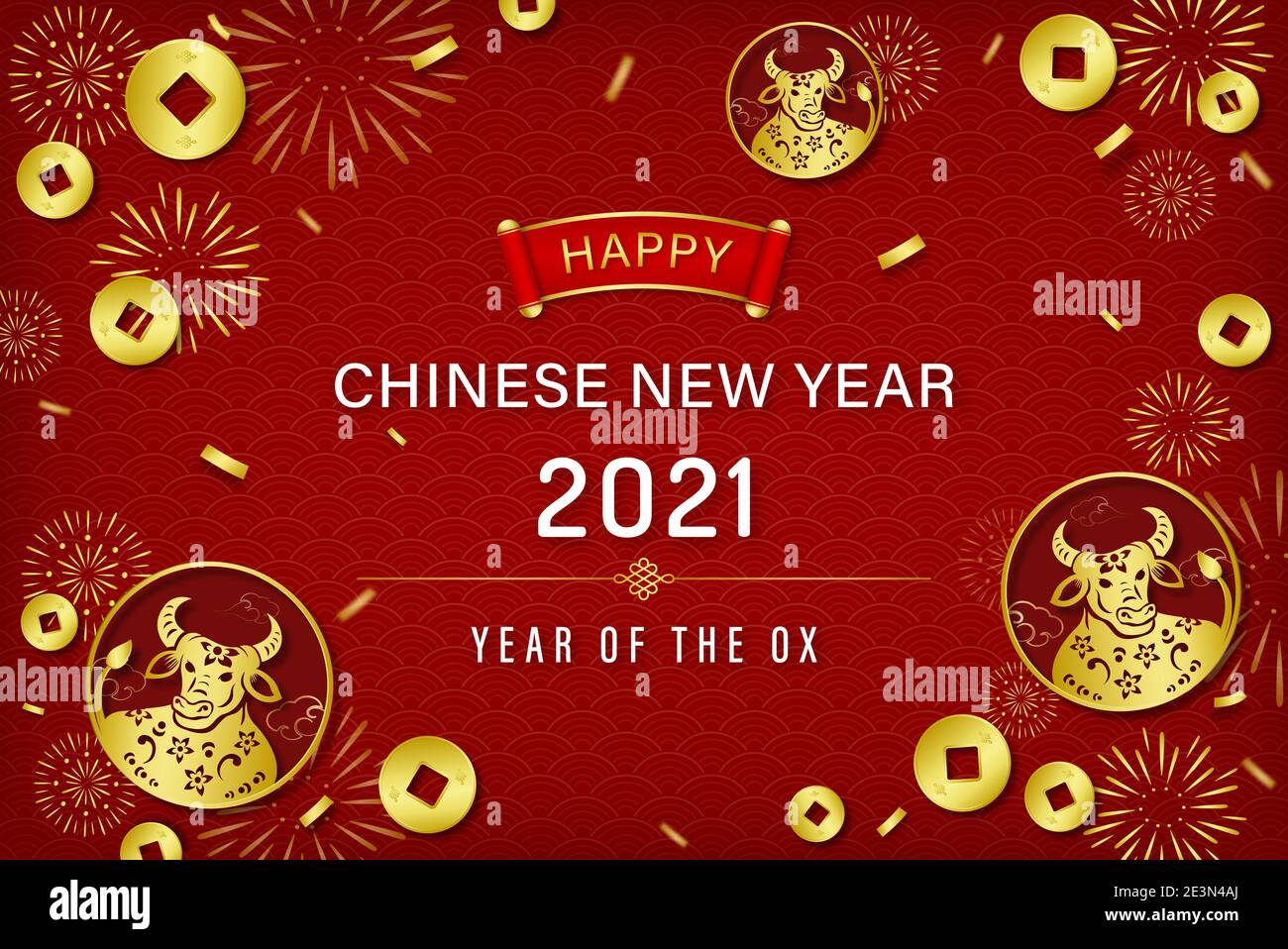 Frohes chinesisches neues Jahr 2021 Jahr der Ochse Text auf Rote orientalische Wellenmuster Hintergrund Stock Vektor
