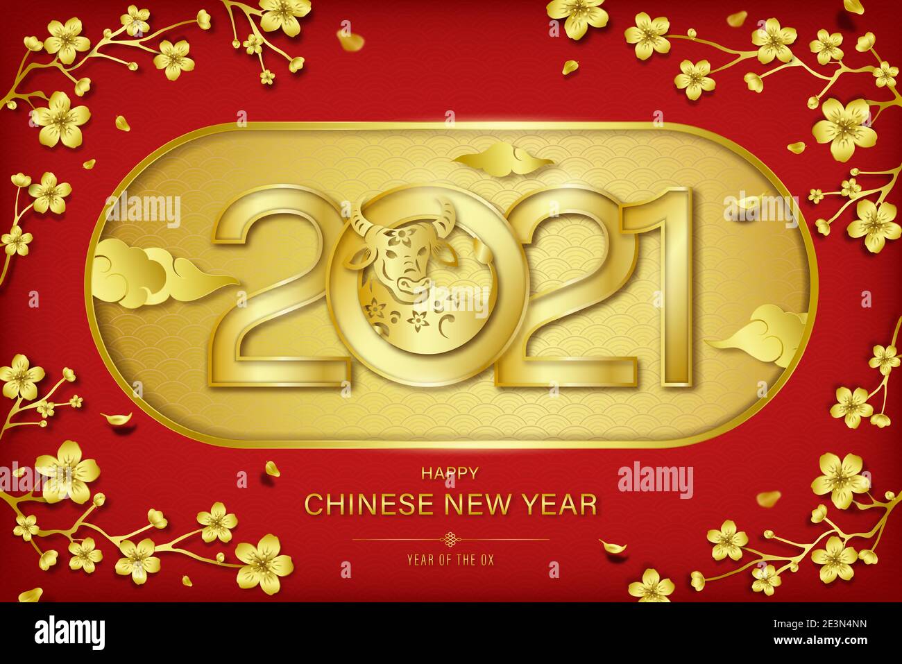 Goldenes 2021 Jahr des Ochsens Zeichen mit glücklichen Chinesen Neujahr Text auf roten orientalischen Wellenmuster Hintergrund Stock Vektor