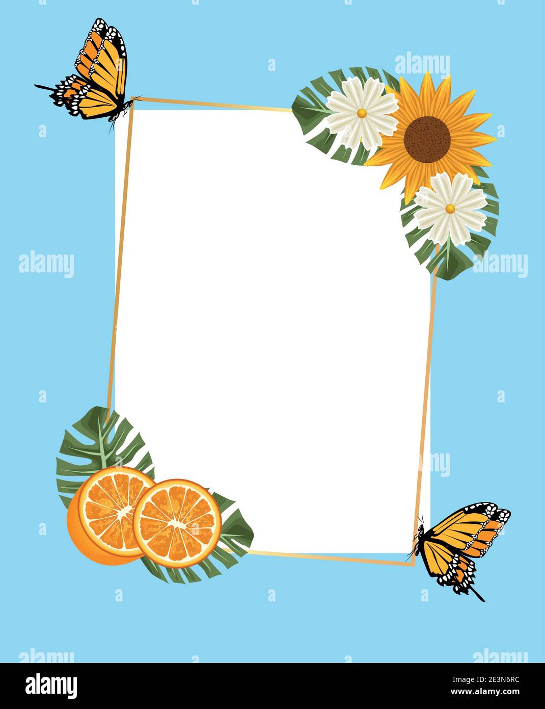 Zitrusfrucht Poster mit Sonnenblumen und Orangen und Schmetterlingen in Quadratischer Rahmen Vektor Illustration Design Stock Vektor