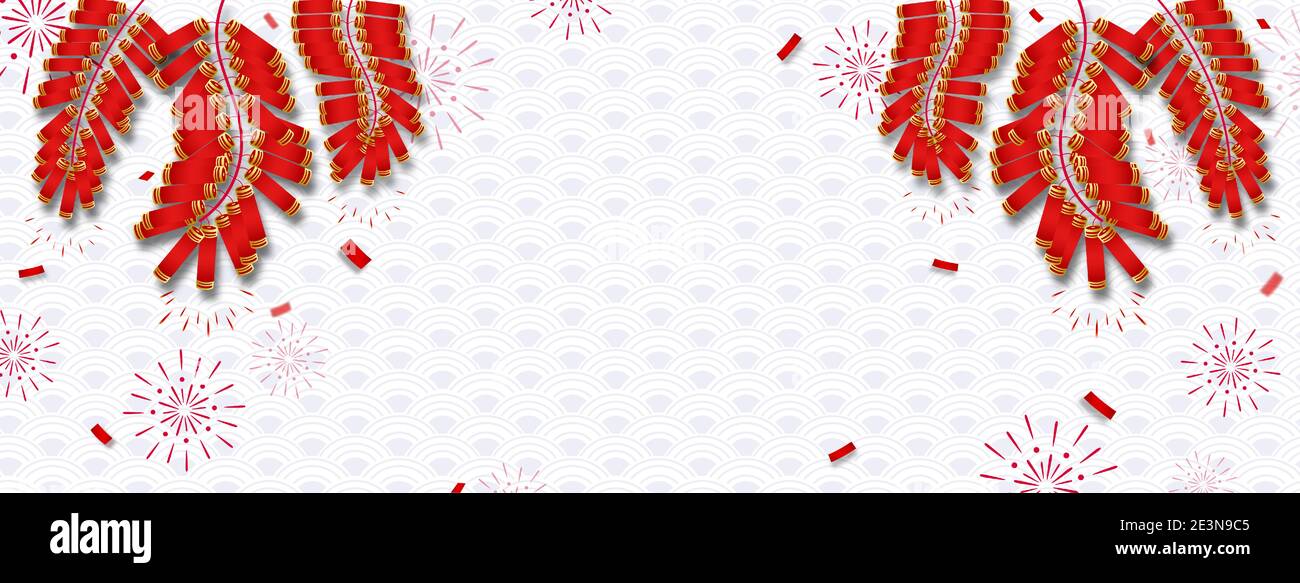 Weiß grau orientalischen Wellenmuster Banner Hintergrund mit roten Feuerwerkskörper Stock Vektor