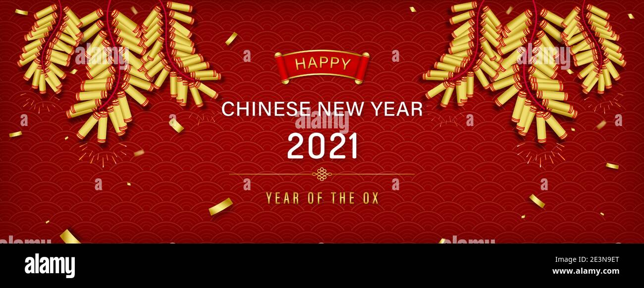 Frohes chinesisches neues Jahr 2021 Jahr des Ochsen auf Rote orientalische Wellenmuster Banner Hintergrund mit goldenen Feuerwerkskörper und Konfetti Stock Vektor