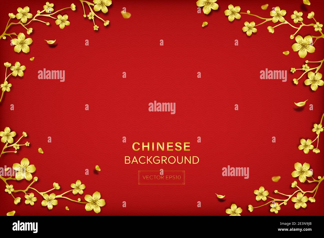 Orientalisches Wellenmuster auf rotem Hintergrund mit goldener Kirsche Blüte blüht am Rand Stock Vektor