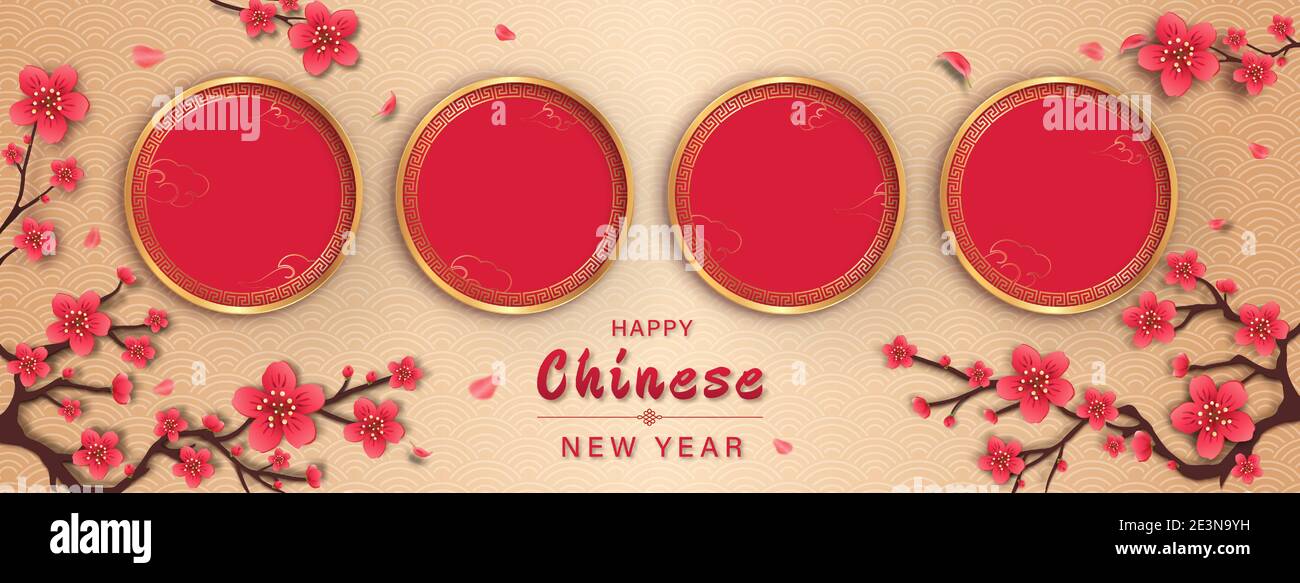 Happy Chinese New Year Banner Hintergrund mit leeren roten Kreisen Für Ihre Texte oder Bilder auf goldenem orientalischem Wellenmuster Stock Vektor