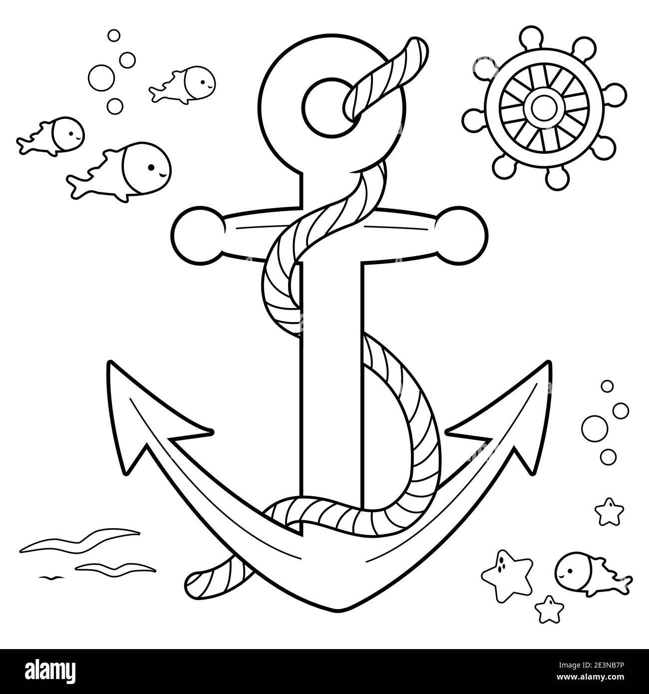 Nautische Kollektion mit Anker, Ruder und Fisch mit Seil. Ankersymbol. Schwarzweiß-Ausmalseite Stockfoto