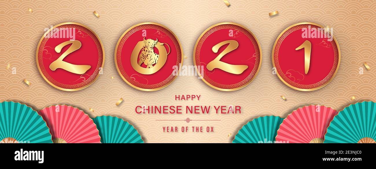 Happy chinese New Year Banner Design für 2021 Jahr Der Ochse mit orientalischem Wellenmuster Hintergrund und Fans Stock Vektor