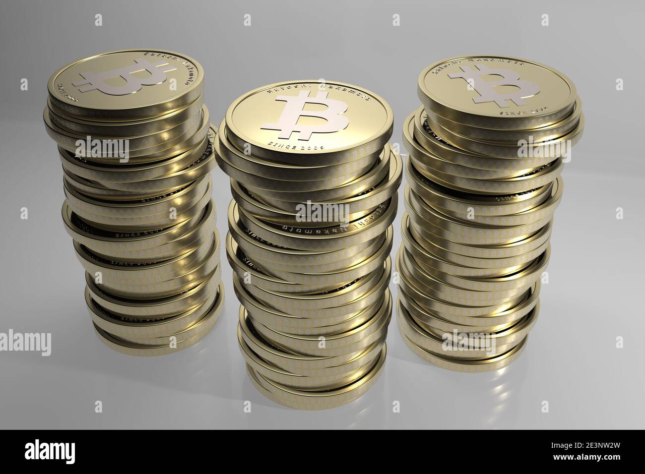 Dieses Bild ist komplett modelliert, strukturiert und in 3ds max. Gerendert Dieser Bitcoin zeigt einen anderen Look, mit neuem Text. Stockfoto