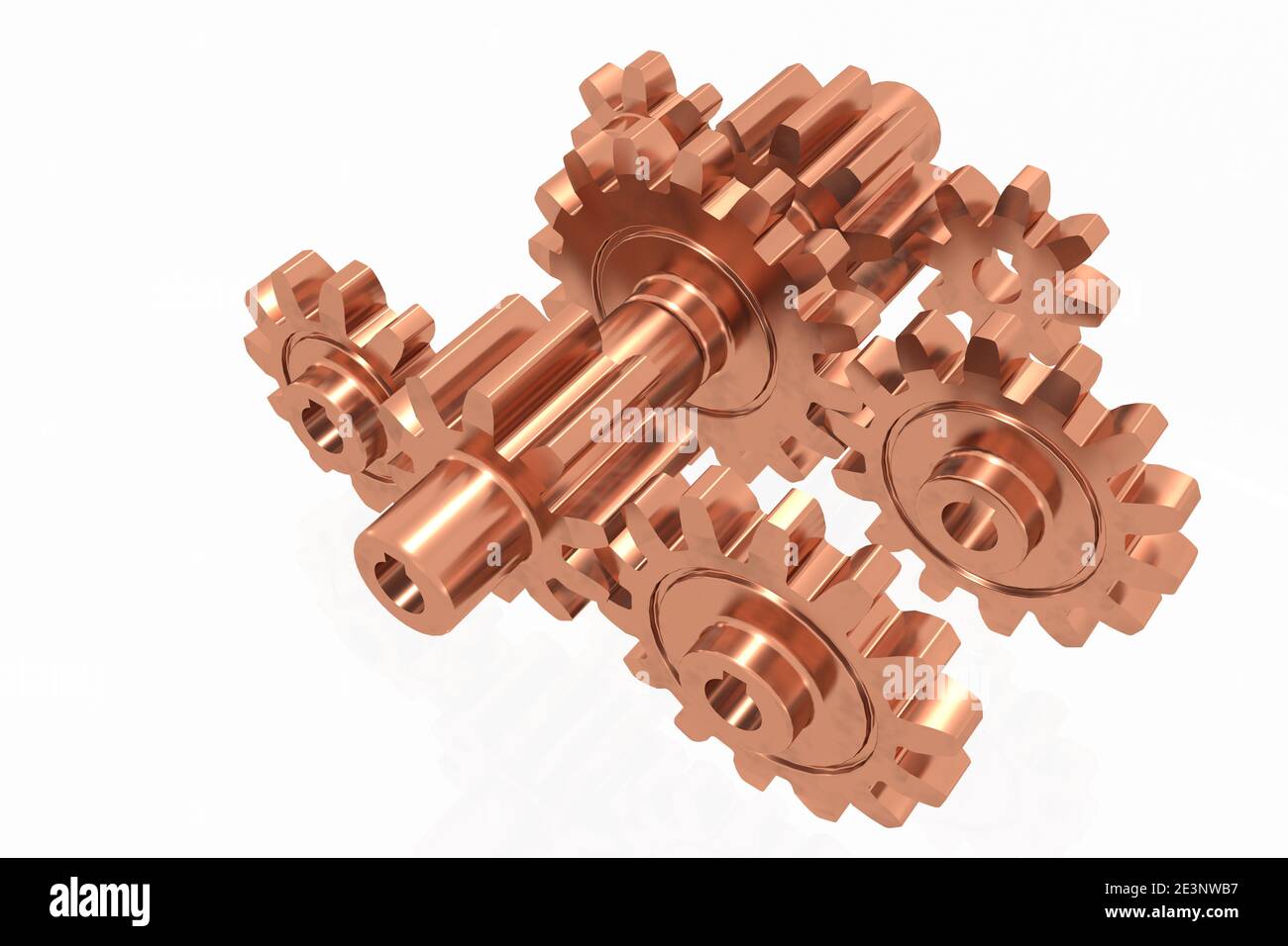 3d-Rendering einer Gruppe von Kupferzahnrädern Stockfoto