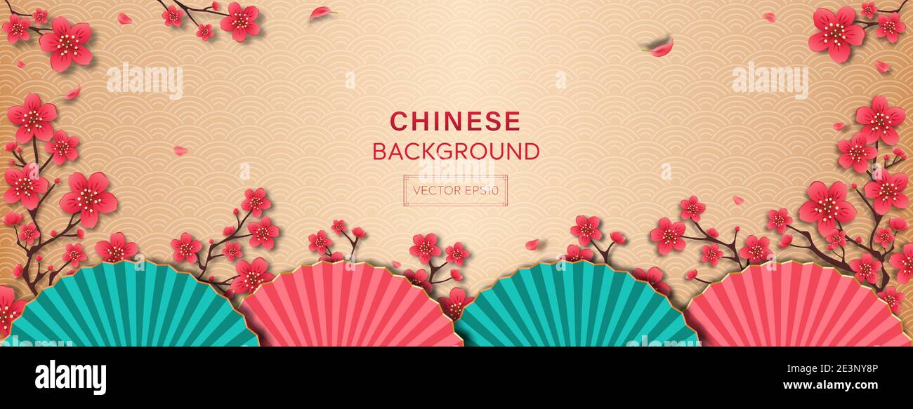 Orientalischer Stil Banner Hintergrund mit schönen Kirschblüten Blumen und Fans am Rand Stock Vektor