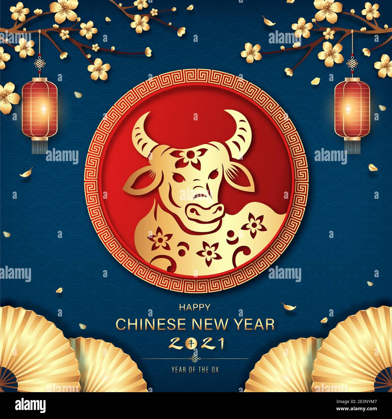 Frohes chinesisches Neujahr 2021 Jahr des Ochsen auf Dunkelblaues Wellenmuster Hintergrund mit goldenen orientalischen Stil Dekorationen Und chinesischer Text bedeutet Ochse Stock Vektor