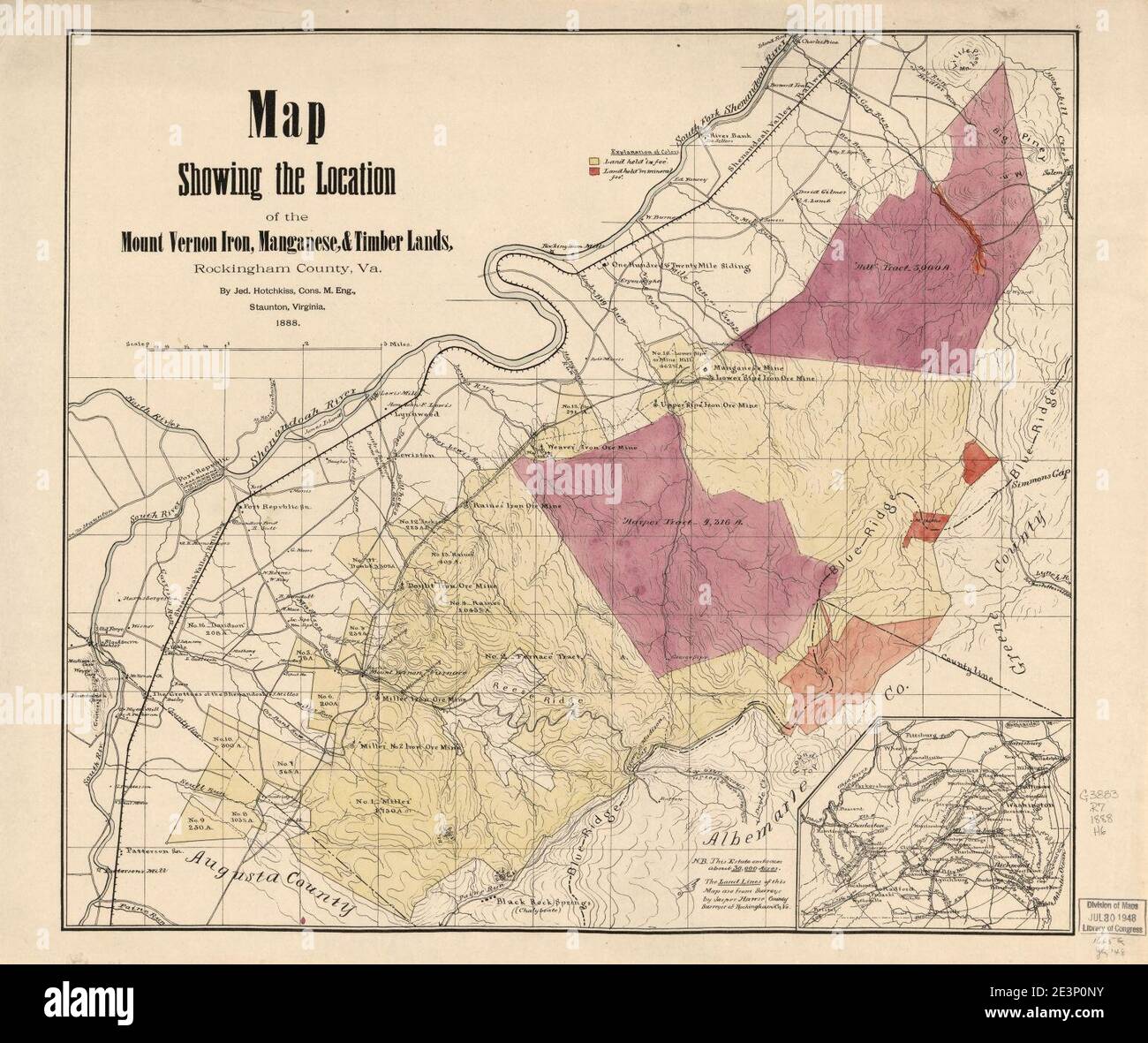 Karte mit der Lage des Mount Vernon Eisen-, Mangan- und Holzlands, Rockingham County, VA Stockfoto