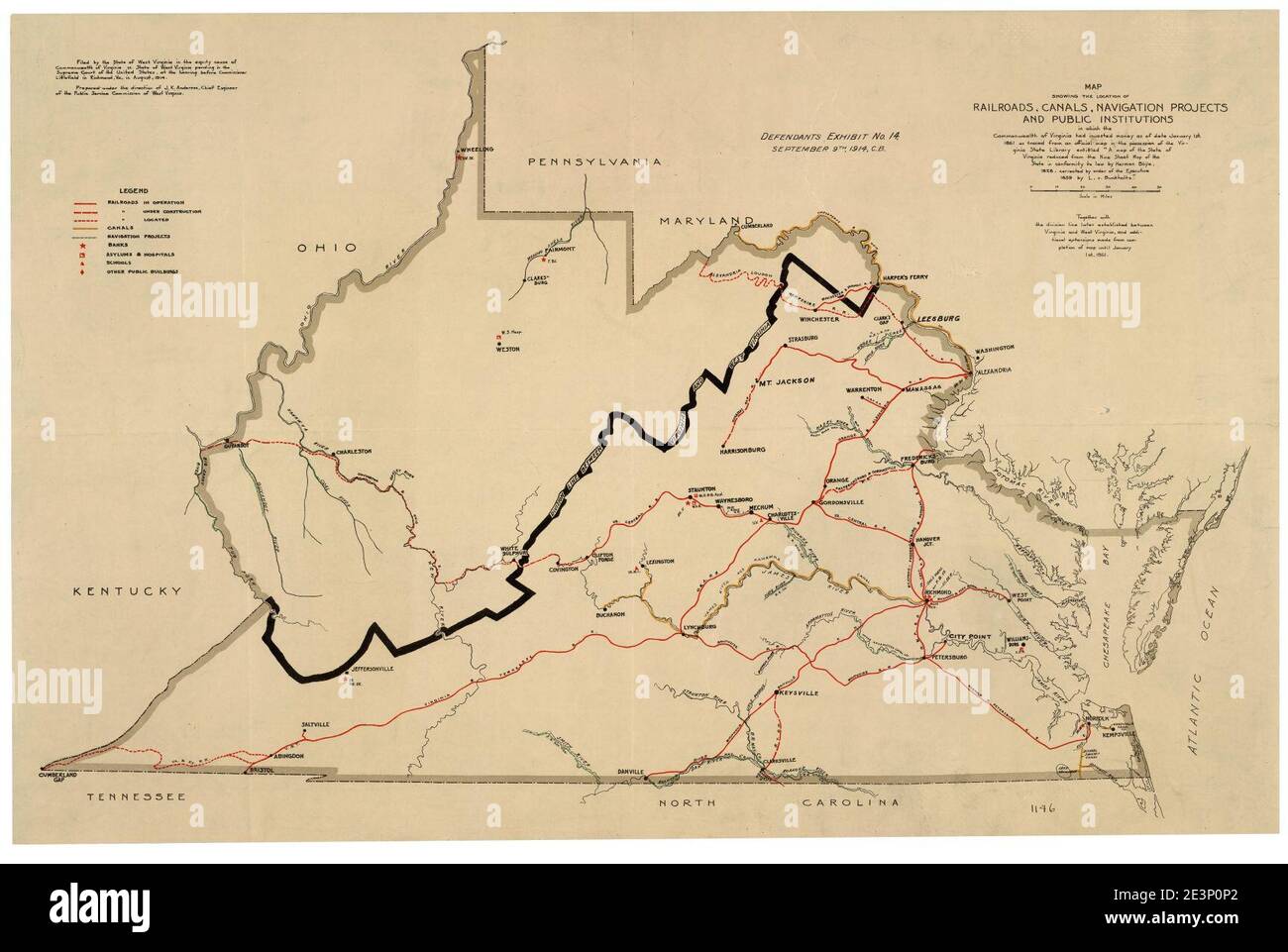 Karte mit der Lage von Eisenbahnen, Kanälen, Navigations-Projekten und öffentlichen Institutionen, in die der Commonwealth of Virginia zum 1. Januar investiert hatte. 1861 - wie aus einem Stockfoto