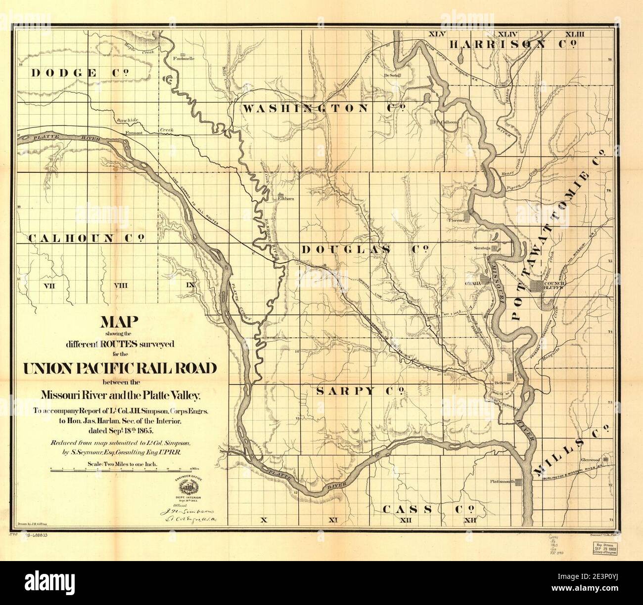 Karte mit den verschiedenen untersuchten Routen für die Union Pacific Rail Road zwischen dem Missouri River und dem Platte Valley, Stockfoto