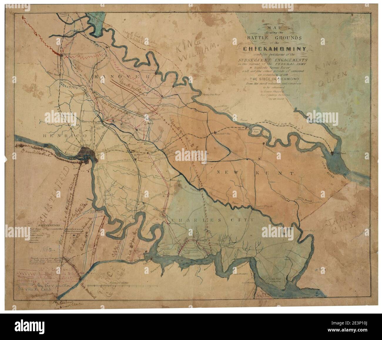 Karte zeigt die Schlachtfelder der Chickahominy - und Die Positionen der nachfolgenden Engagements im Rückzug von Die Bundesarmee in Richtung James River und alle anderen Points of Interest in Stockfoto